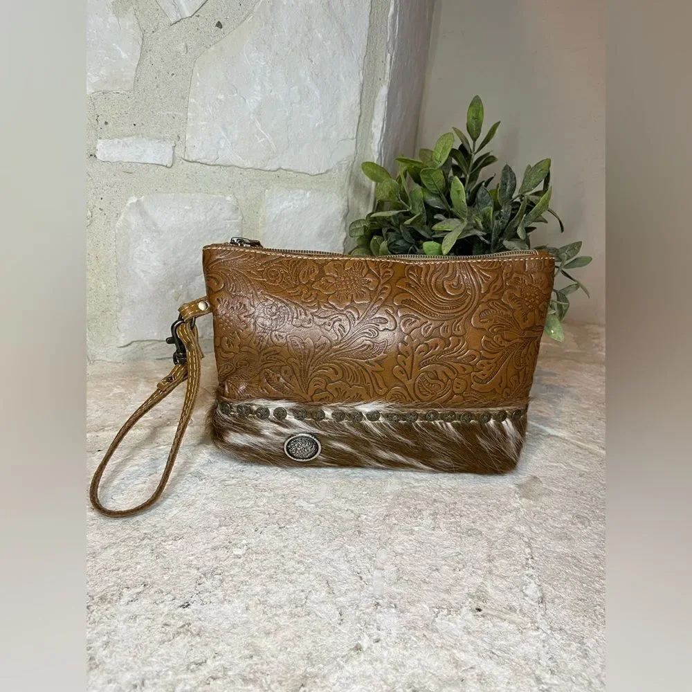 Myra embossed leather and calf hair cosmetic bag/wristlet